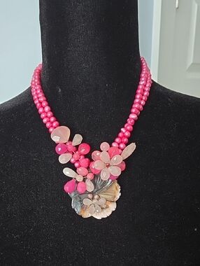 Pink And  Rown Floral Beaded Necklace with Shell Pendant 16-18"